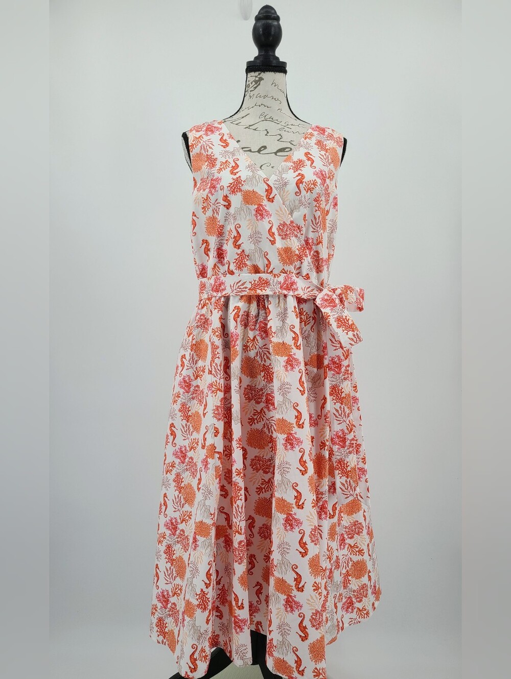 Modcloth Cotton Seahorse And Coral Whimsy Wrap Dress Size 16